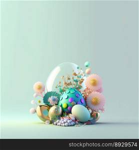 Colorful Easter Festive Background with Shiny 3D Eggs and Flowers