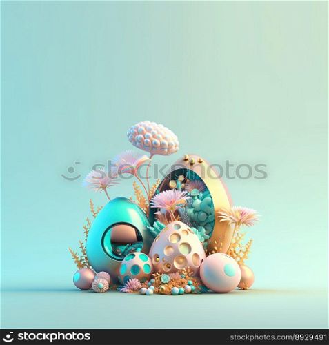 Colorful Easter Festive Greeting Card with Glosy 3D Eggs and Flower Ornaments