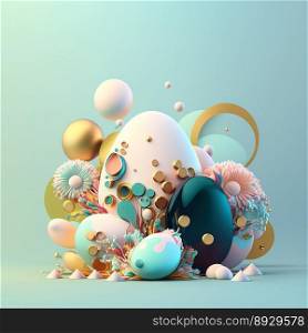 Colorful Easter Festive Greeting Card with Glosy 3D Eggs and Flowers