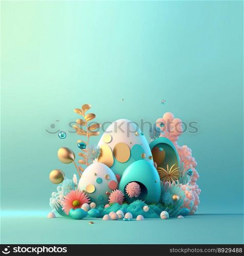 Colorful Easter Festive Greeting Card with Shiny 3D Eggs and Flower Ornaments