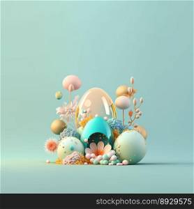 Colorful Easter Festive Greeting Card with Shiny 3D Eggs and Flowers