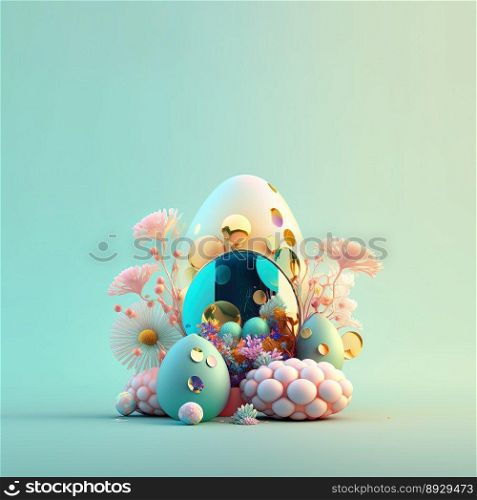Colorful Easter Greeting Card with Glosy 3D Eggs and Flower Ornaments
