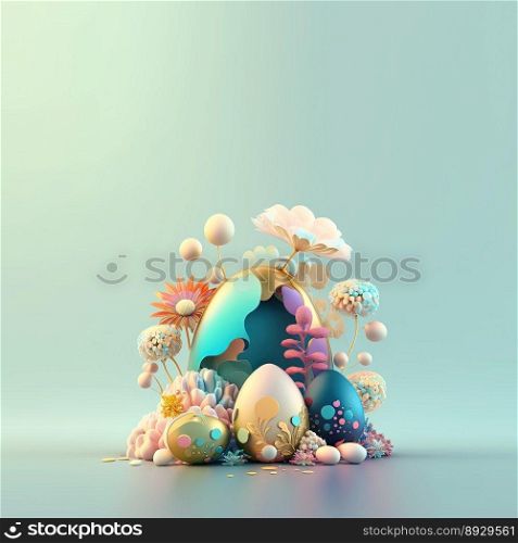 Colorful Easter Greeting Card with Glosy 3D Eggs and Flowers