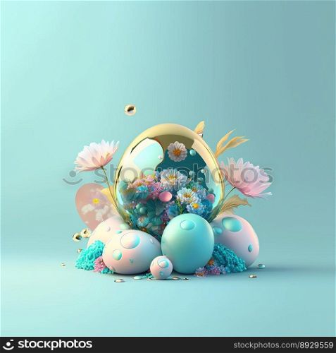 Colorful Easter Greeting Card with Shiny 3D Eggs and Flowers