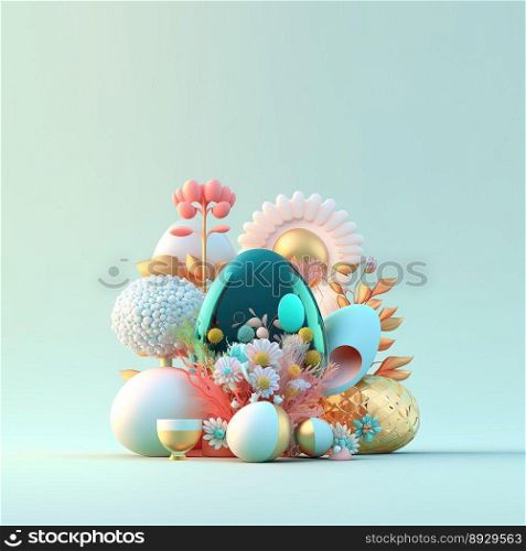Colorful Easter Illustration Background with Glosy 3D Eggs and Flowers
