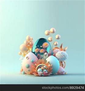Colorful Easter Illustration Background with Shiny 3D Eggs and Flower Ornaments