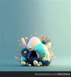 Colorful Easter Illustration Greeting Card with Glosy 3D Eggs and Flowers