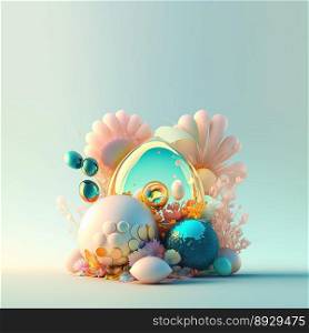 Colorful Easter Illustration Greeting Card with Shiny 3D Eggs and Flower Ornaments