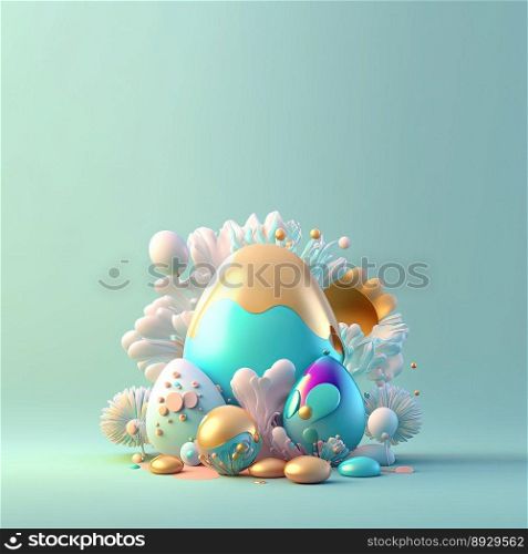 Colorful Easter Illustration Greeting Card with Shiny 3D Eggs and Flowers