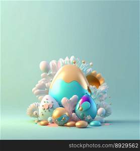 Colorful Easter Illustration Greeting Card with Shiny 3D Eggs and Flowers