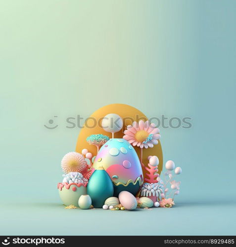 Colorful Easter Party Background with Glosy 3D Eggs and Flower Ornaments