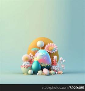 Colorful Easter Party Background with Glosy 3D Eggs and Flower Ornaments
