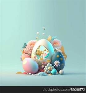 Colorful Easter Party Background with Glosy 3D Eggs and Flowers