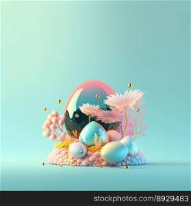 Colorful Easter Party Background with Shiny 3D Eggs and Flower Ornaments