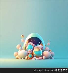 Colorful Easter Party Background with Shiny 3D Eggs and Flowers