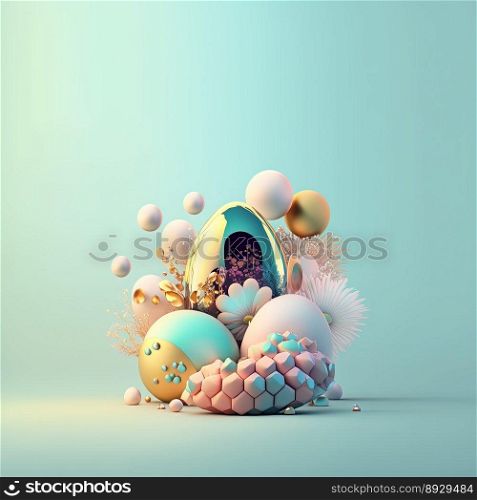 Colorful Easter Party Greeting Card with Shiny 3D Eggs and Flower Ornaments