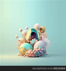 Colorful Easter Party Greeting Card with Shiny 3D Eggs and Flower Ornaments