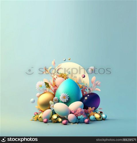 Colorful Easter Party Greeting Card with Shiny 3D Eggs and Flowers