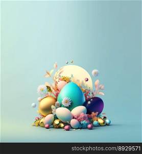 Colorful Easter Party Greeting Card with Shiny 3D Eggs and Flowers