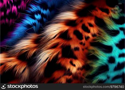 Colorful eco fur background, rainbow colors with spots. Faux fur background