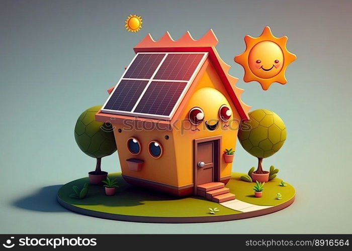 Colorful eco-house. Concept of renewable energy. House with solar panels on the roof. Generative AI 