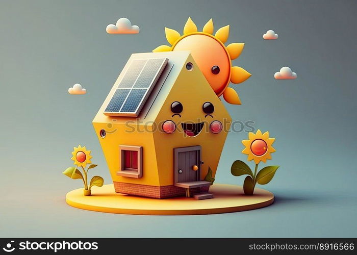 Colorful eco-house. Concept of renewable energy. House with solar panels on the roof. Generative AI 