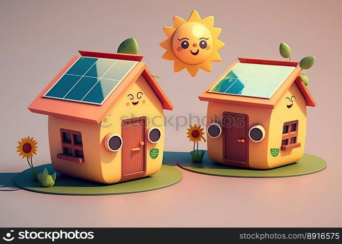 Colorful eco-house. Concept of renewable energy. House with solar panels on the roof. Generative AI 