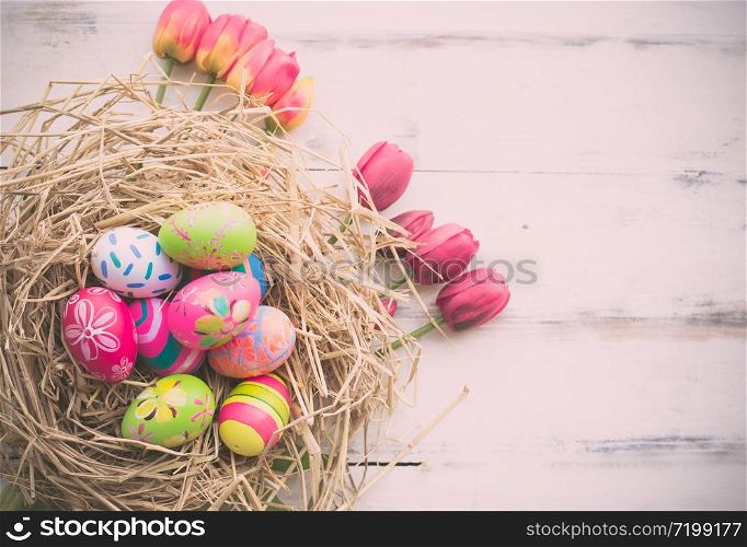 Colorful eggs painted decoration in bird nest on pastel wood backgrounds with tulip flowers for April Easter day with copy space