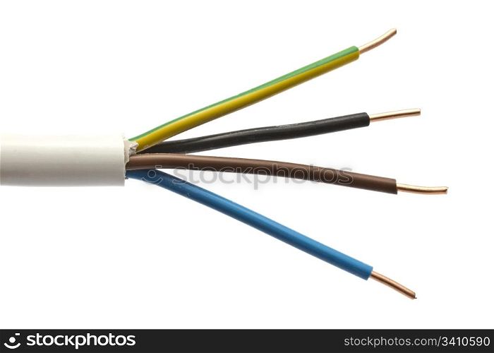 Colorful electric cables closeup on white background