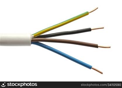 Colorful electric cables closeup on white background