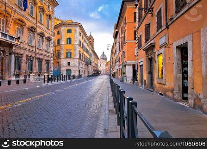 Colorful empty street of Rome dawn view, eternal city and capital of Italy