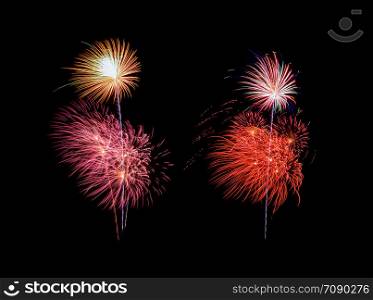 Colorful exploded fireworks display, isolated on black background