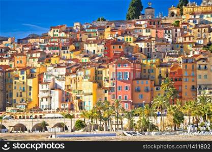 Colorful facades of Cote d Azur town of Menton beach and architecture view, Alpes-Maritimes department in southern France