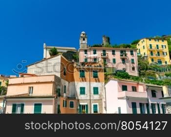 Colorful facades of the old houses in the village Vernazza. Cinque Terre National Park, Liguria, Italy.