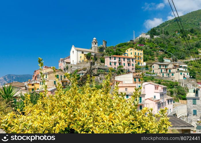 Colorful facades of the old houses in the village Vernazza. Cinque Terre National Park, Liguria, Italy.