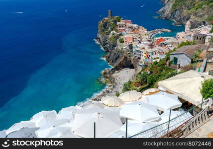 Colorful facades of the old houses in the village Vernazza. Cinque Terre National Park, Liguria, Italy.