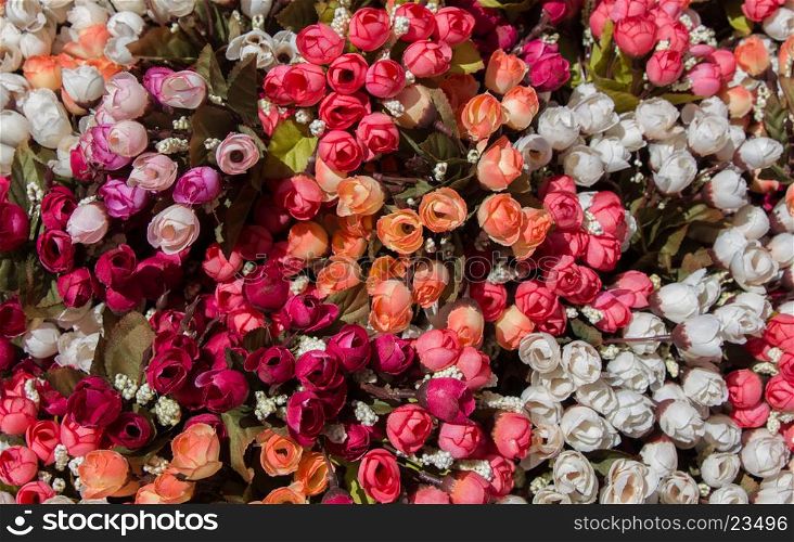 Colorful fake artificial flowers in view