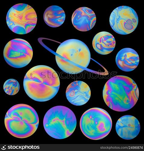 Colorful fantasy alien plantets with uniq vivid swirls and terrains isolated on black background