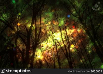 Colorful fantasy forest with stars, bokeh lights and clouds.