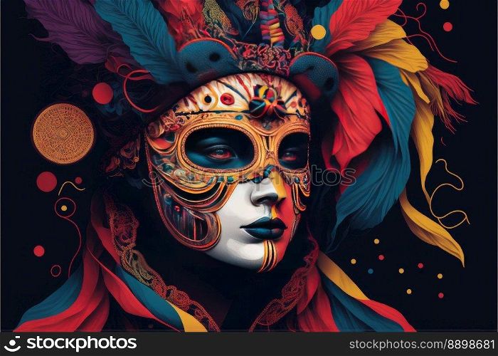 Colorful female carnival costume on a black background. Generative AI