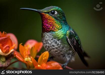 Colorful fiery-throated hummingbird perched on a tree branch in the rainforest, surrounded by troπcal flora and fauna. AI Ge≠rative