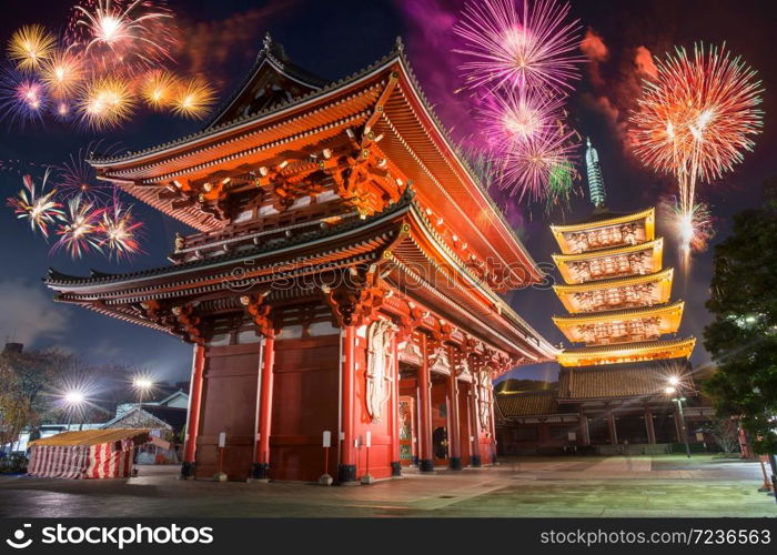 Colorful firework over abstract beautiful temple in japanese style celebrate new year at night time