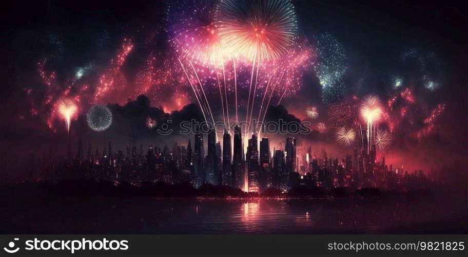 Colorful Fireworks at Holiday Night above Sity Landscape. AI generated Illustration.