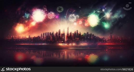 Colorful Fireworks at Holiday Night above Sity Landscape. AI generated Illustration.