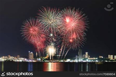 Colorful Fireworks in the Night sky,Fireworks Festival in Pattaya,Mix firecracker on drak sky background.