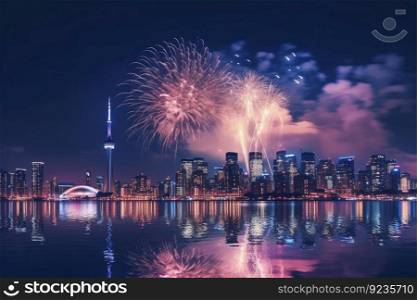 Colorful fireworks with CN Tower at night, AI Generative