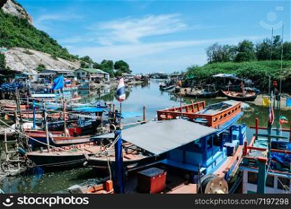Colorful fishing boats at harbor in Hua Hin Prachuap Khiri Khan Province, Thailand