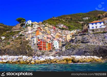 Colorful fishing village Riomaggiore - National Park Cinque terre in Liguria, Italy