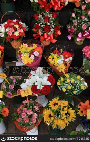 Colorful floral bouquets at a market in Barcelona