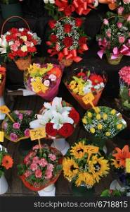 Colorful floral bouquets at a market in Barcelona